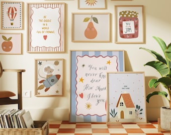 16 Vintage Nursery Wall Art Bundle, Whimsical Animal & Quote Prints, Boho Kids Gallery Wall Decor, Gender Neutral  Baby Art Set