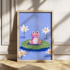 Playful Frog Lily Pad Wall Art – Whimsical Girls Nursery Decor, Cute Pink Frog Illustration Storybook style art, Animal Art Flower Poster