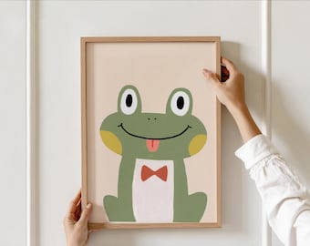 Cute Green Frog with Bow Tie Printable Poster, Kids Room Decor, Animal Wall Print, Whimsical Frog Nursery Wall Art, Boys room decor,