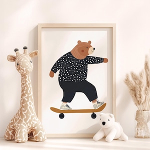 Skateboarding Bear Print for Kids Room - Modern Nursery Wall Art, Playful Animal Printable for Boys Room Decor, Whimsical Children&#39;s Art