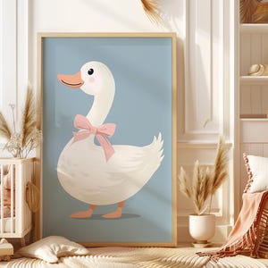 Cute Goose Wall Art, Silly Goose Print, Blue Nursery Decor, Duck with Bow Farm Animal Print, Kid’s Room Illustration, Childrens Room Gift
