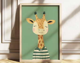 Cute Giraffe Wall Art, Nursery Animal Print, Kids Room Decor, Safari animal Baby Shower Gift, Giraffe portrait Stripe Shirt Printable Poster
