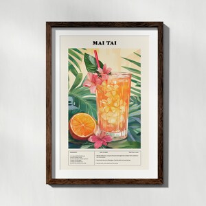 Plakat koktajlowy Mai Tai, wydruk retro z alkoholem do wystroju kuchni i baru, przepis na sygnaturę koktajlu, wydrukowany wydruk koktajlu akwarelowego