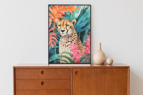 Cheetah Wall Art, Tropical Jungle Print, Eclectic Wall Art, Maximalist  Print, Animal Leopard Poster, Gouache Watercolor Print, Nursery Decor 