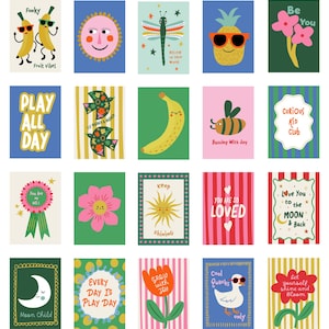 May include: A set of illustrated cards with bright colours and playful designs. The cards depict images of a moon, sun, and animals, along with positive messages such as "Love You to the Moon & Back" and "Every Day is Play Day."