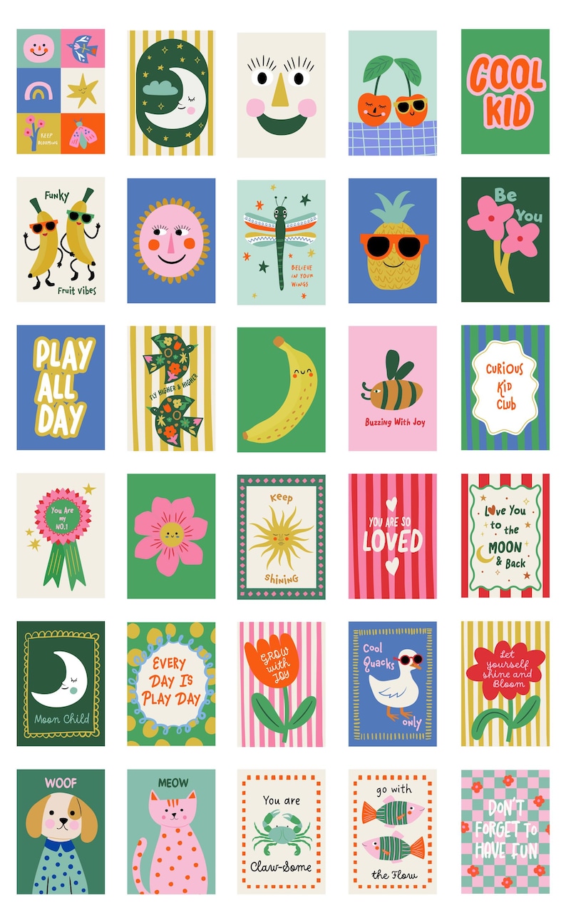 May include: A set of illustrated cards with bright colours and playful designs. The cards depict images of a moon, sun, and animals, along with positive messages such as "Love You to the Moon & Back" and "Every Day is Play Day."