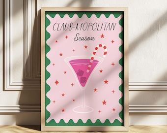 Claus-mopolitan Christmas Print, Retro Holiday Cocktail Art, Festive Bar Cart Decor, Preppy Pink Green Xmas Wall Art Printable