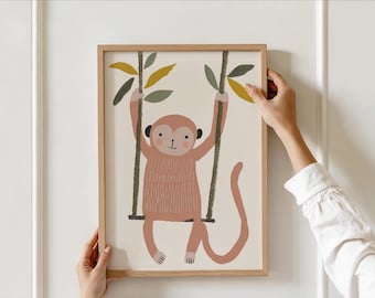 Cute Swinging Monkey Nursery Wall Art,  Jungle Theme Kids Room Decor, Gender Neutral Playroom Decor, Toddler Room Art, Monkey Illustration