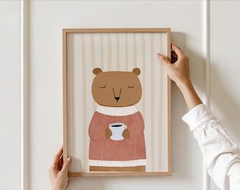 Cute Bear with Mug Nursery Wall Art – Woodland Animal Printable Poster, Cottagecore Neutral Boho Kids Room Decor, Playroom Print
