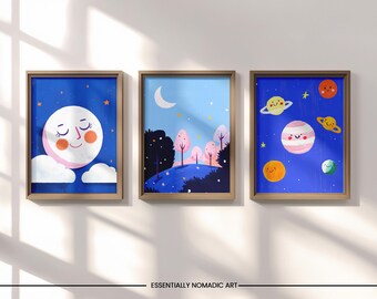 Cute Space Nursery Wall Art Set 3 – Smiling Moon, Planets & Night Sky Prints, Pastel Galaxy Art for Baby Room, Celestial Kids Bedroom Decor
