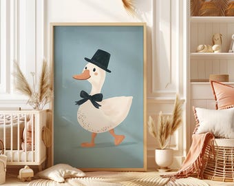 Blue Silly Goose Wall Art, Cute Goose with Hat and Bow Print, Boys Nursery Decor, Farm Animal Print, Whimsical Kid’s Room Illustration