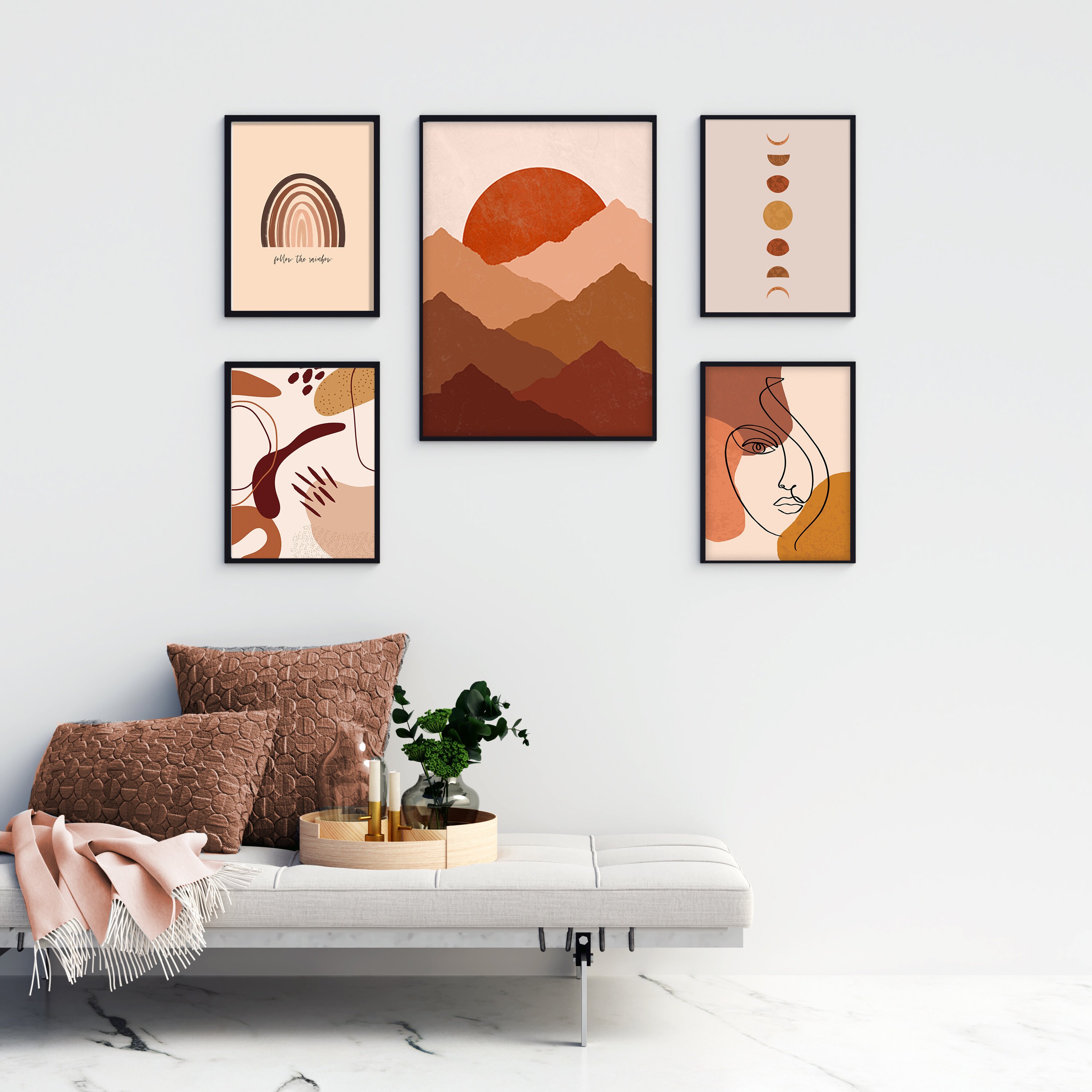 Gallery Wall Set of 5 Prints Burnt Orange Boho Wall Art Etsy