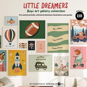 May include: A collection of 10 printable wall art prints for boys' rooms. The prints feature whimsical illustrations of animals, vehicles, and inspirational quotes. The prints are in a variety of colors and styles, including a tiger, a hot air balloon, a submarine, a football, a monster truck, and a highland cow.