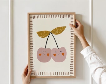 Smiling Cherry Nursery Wall Art, Printable Fruit Kids Room Decor, Berry Poster, Minimalist Scandinavian Modern Baby room Print