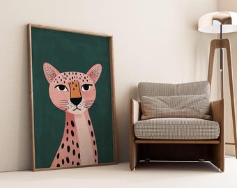Pink Cheetah Wall Art, Jungle Animal Leopard Print for Kids Room, Girls Nursery Decor, Safari Animal Art, Cute Playroom Wall Decor Printable
