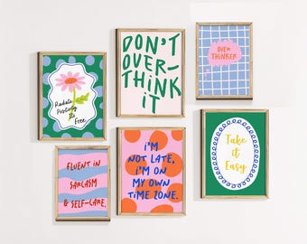 Set de 6 láminas decorativas para pared con frases positivas y coloridas / Arte de pared estilo preppy para habitación de niñas, descarga digital