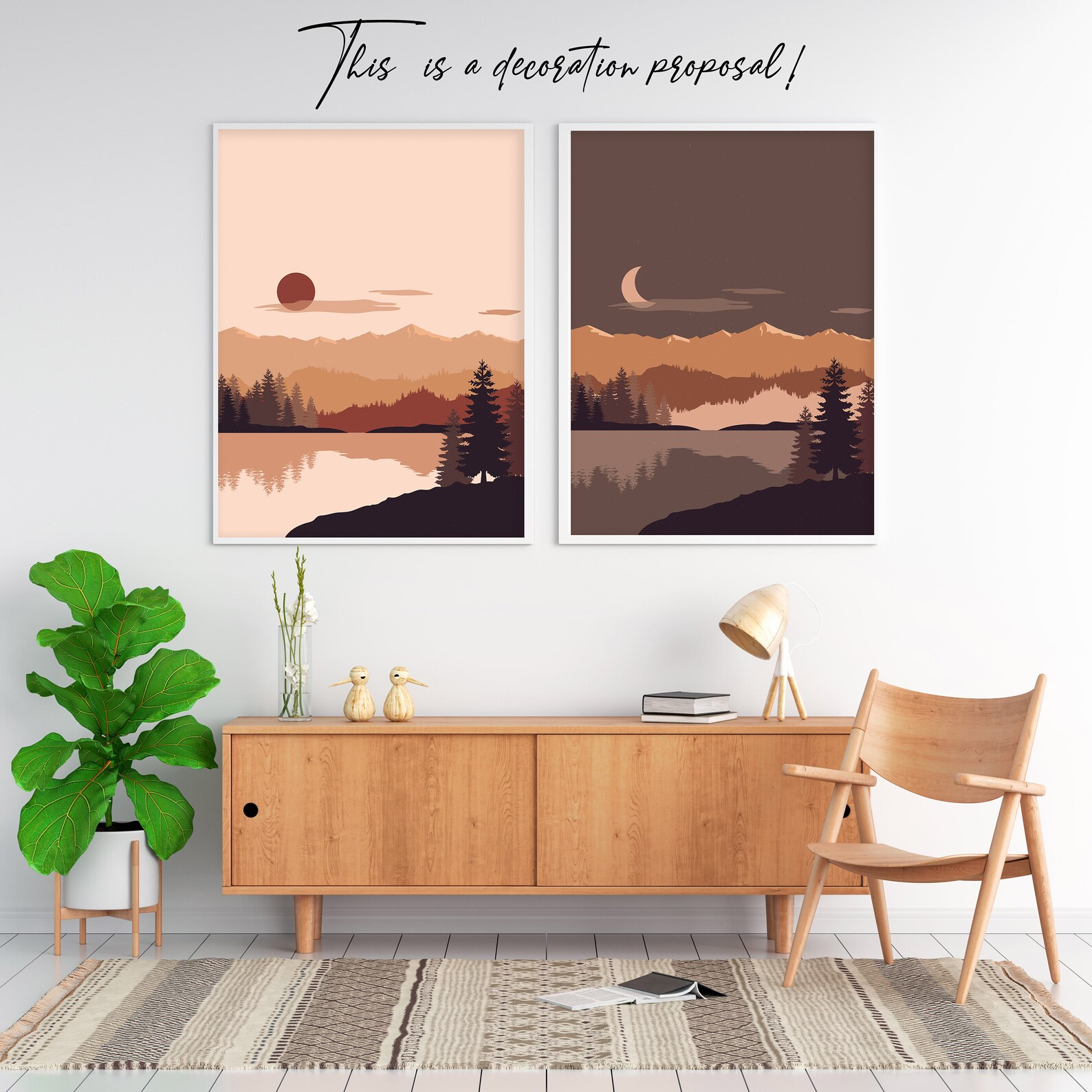 Modern mountain art Abstract landscape wall art with sun and Etsy