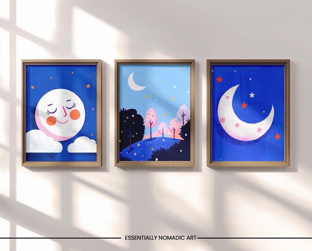 Whimsical Moon & Stars Wall Art Set - Celestial Nursery Prints for Kids ...