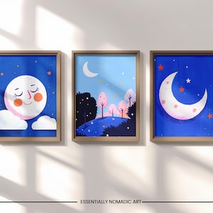 Whimsical Moon & Stars Wall Art Set - Celestial Nursery Prints for Kids, Dreamy Night Sky  Landscape Print, Bedroom Decor Set of 3 Wall Art