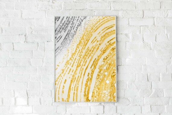 Abstract Grey And Yellow Wall Art Fluid Acrylic Pour Painting Etsy