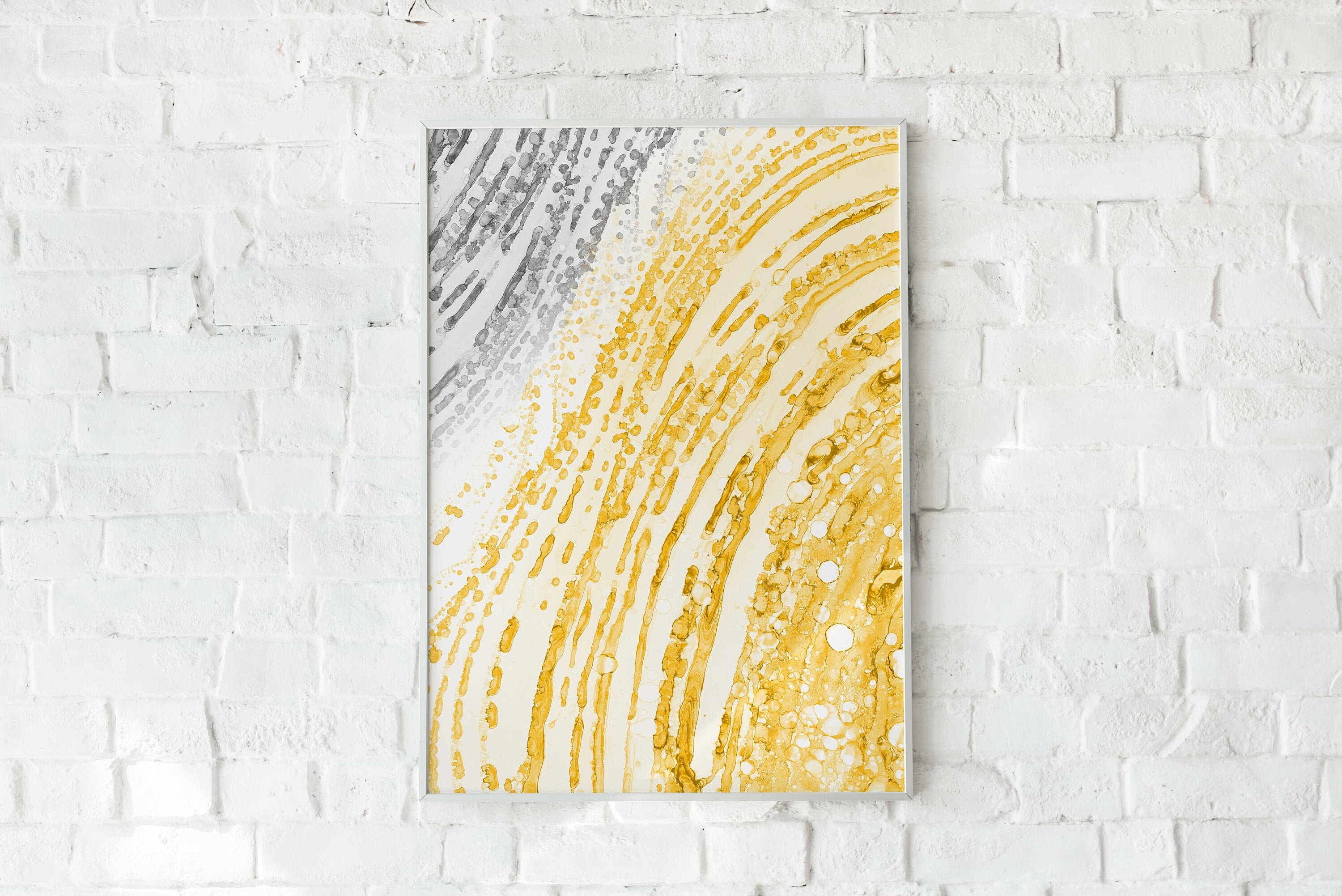 Abstract Grey and Yellow Wall Art Fluid Acrylic Pour Painting Etsy