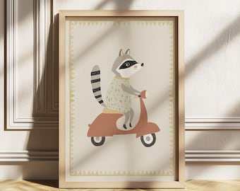 Cute Raccoon Scooter Wall Art, Woodland Animal Nursery Print, Whimsical Kids Room Decor, Printable Nursery Art