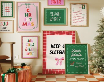 Whimsical Christmas Wall Art Set, 75 Dopamine Trendy Holiday Posters, Colorful Festive Quote Prints, Preppy Gallery Wall Set Printable Decor