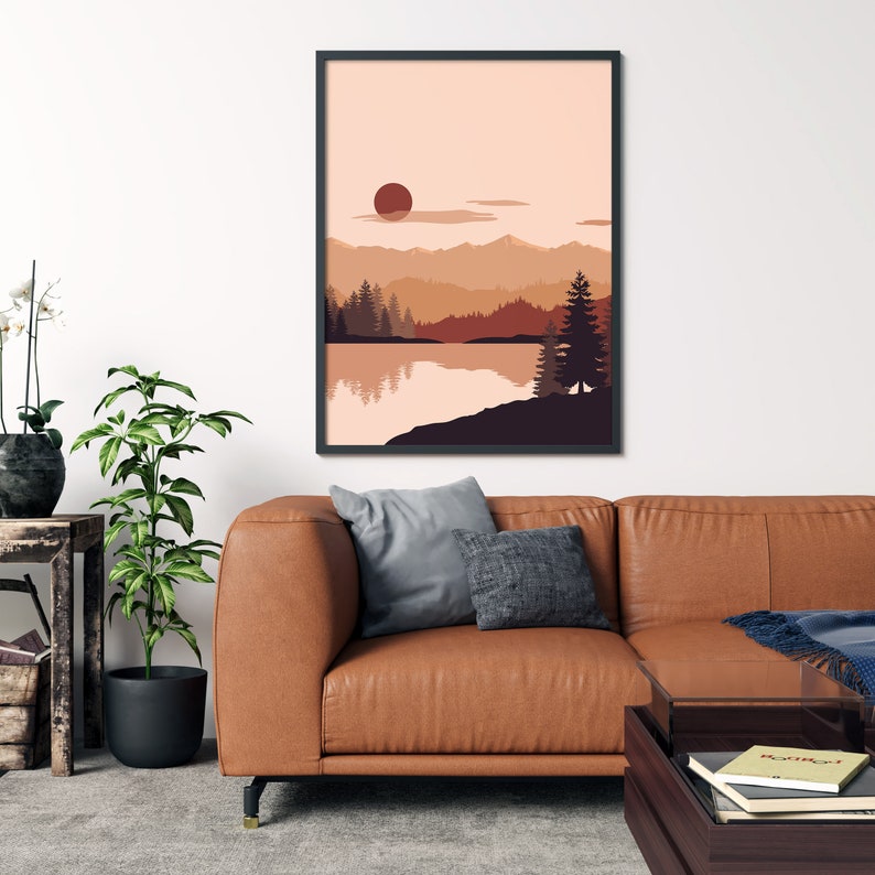 Landscape Wall Art Set of 2 Prints Abstract Sun and Moon Etsy