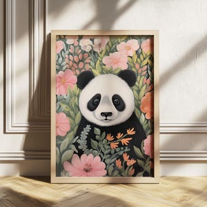 Impresión floral caprichosa de panda para habitación infantil, arte mural botánico moderno para guardería, arte imprimible de animales de la selva, póster para habitación de niña estilo cottagecore