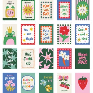 May include: A selection of vibrant art prints with playful illustrations. The prints showcase images of animals, fruits, and positive messages such as "Bloom Baby Bloom" and "The Magic is in You."