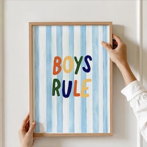 Boys Rule Nursery Wall Art, Blue Stripe Typography Kids Room Poster, Boys Bedroom Decor, Baby Shower Gift, Playroom downloadable print