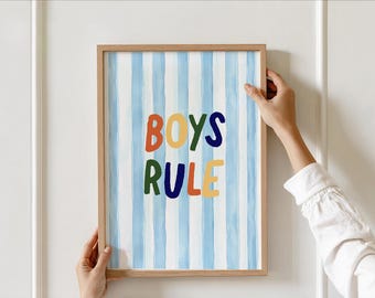 Boys Rule Nursery Wall Art, Blue Stripe Typography Kids Room Poster, Boys Bedroom Decor, Baby Shower Gift, Playroom downloadable print