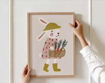 Rabbit Nursery Wall Art Printable, Cute Bunny Animal Decor for Baby Room, Woodland Nursery Poster