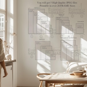 May include: A wall display featuring various print sizes, including 24x36 inches, 20x30 inches, and 16x24 inches, with corresponding metric measurements. The text indicates the availability of high-quality JPEG files printable in over 20 frame sizes. The image is in a room with a window.