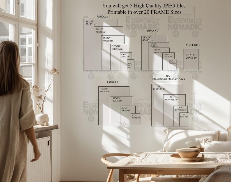 May include: A wall display featuring various print sizes, including 24x36 inches, 20x30 inches, and 16x24 inches, with corresponding metric measurements. The text indicates the availability of high-quality JPEG files printable in over 20 frame sizes. The image is in a room with a window.