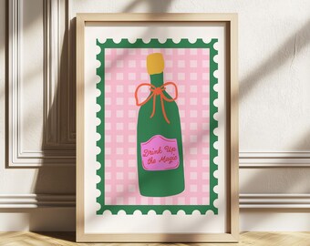 Pink Green Colorful Christmas Wall Art | Festive Champagne Bottle Print - Drink Up the Magic Quote, Retro Holiday Bar Cart Decor printable
