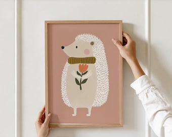 Adorable Hedgehog Flower Nursery Print, Woodland Animal Art, Kids Room Decor, Forest Animal Printable Wall Art, Playful Toddler room Decor
