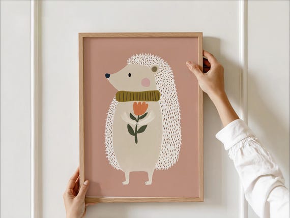 Adorable Hedgehog Flower Nursery Print, Woodland Animal Art, Kids Room Decor, Forest Animal Printable Wall Art, Playful Toddler room Decor