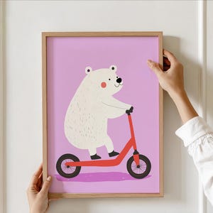 Cool Polar Bear Scooter Wall Art – Girls Room Decor, Whimsical Animal Print, Playroom Poster, Pink Nursery Print, Toddler Room Art