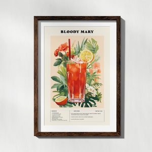 Plakat z koktajlem Bloody Mary, wydruk eklektyczny, przepis na koktajl do wydrukowania, sztuka ścienna do kuchni, dekoracja ścienna wózka barowego, pobieranie cyfrowe
