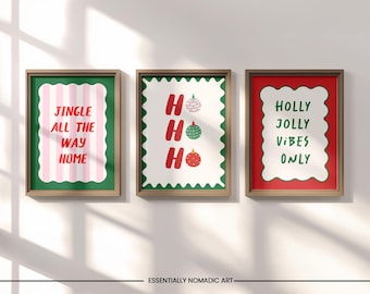 Retro Christmas Wall Art Set of 3, Holiday Quote Prints, Maximalist Xmas Printable Art in Red Green Pink, Printable Preppy Festive Decor