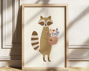 Raccoon Nursery Wall Art, Whimsical Woodland Animal with Flowers, Boho Scandinavian Kids Room Decor, Baby Room Printable Art
