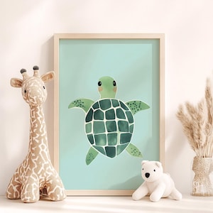 Cute Turtle Wall Art, Green Nursery Decor, Kids Room Print, Watercolor Sea Turtle poster, Children&#39;s Bedroom Art, Sea Animal Nursery Print