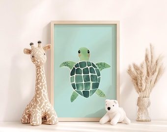 Cute Turtle Wall Art, Green Nursery Decor, Kids Room Print, Watercolor Sea Turtle poster, Children's Bedroom Art, Sea Animal Nursery Print
