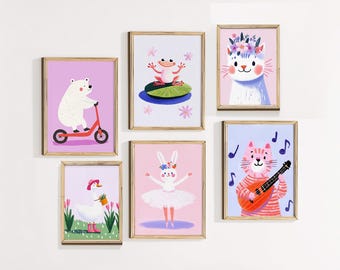 Whimsical Animals Nursery Wall Art Set of 6 Prints, Girls Room Decor, Toddler Bedroom Gallery Wall, Pastel Kids Room Art Digital Download