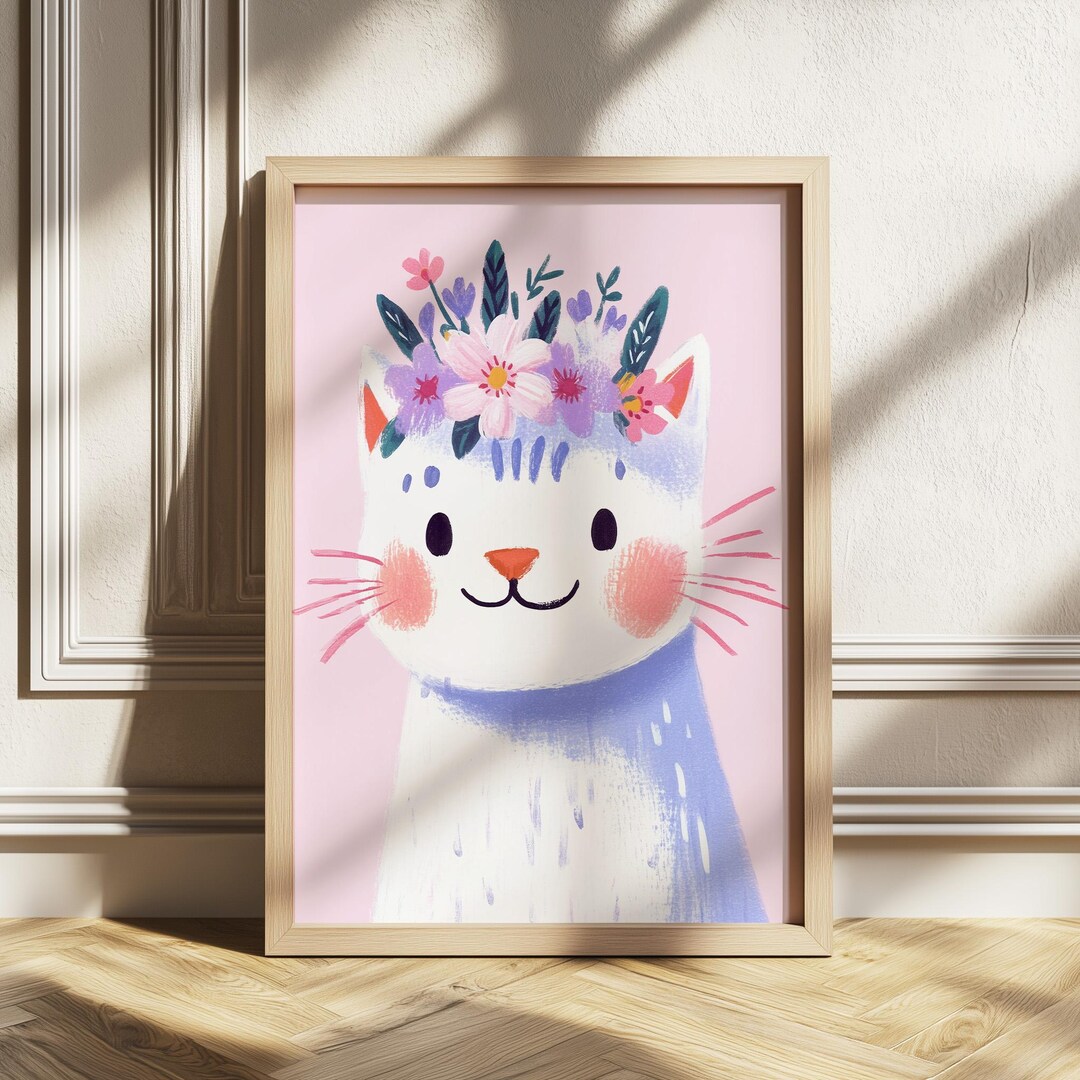 Whimsical Cat Print With Floral Crown, Pink Nursery Decor, Cute Animal ...
