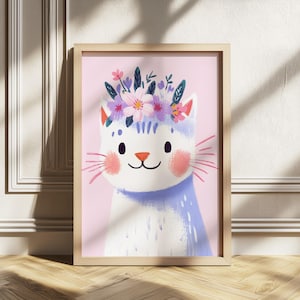 Cute Cat Print with Floral crown, Soft Pastel Girls Bedroom wall art, Kitten illustration Nursery Art, Playroom decor, Happy Animal Poster