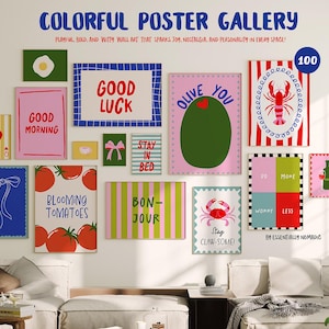 Zestaw galerii Funky Colorful Prints, Wydruki żywności Wystrój kuchni, Wydruki sypialni, Zabawne cytaty Dopamina Sztuka ścienna, 100 Eklektycznych plakatów