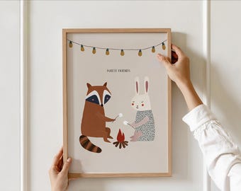 Woodland Campfire Nursery Wall Art with Raccoon and Bunny, Forest Friends Playroom Decor, Cozy Autumn Illustration