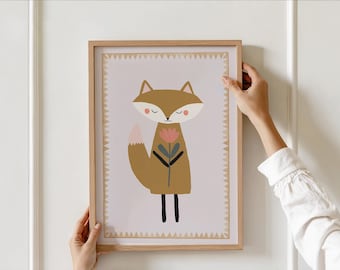 Minimalist Fox with Flower Nursery Wall Art – Woodland Animal Printable Autumn Poster, Neutral Boho Kids Room Decor, Playroom Print